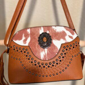 Sam & Hadley Western Cowhide Print Crossbody Bag Studded Concho Tassel